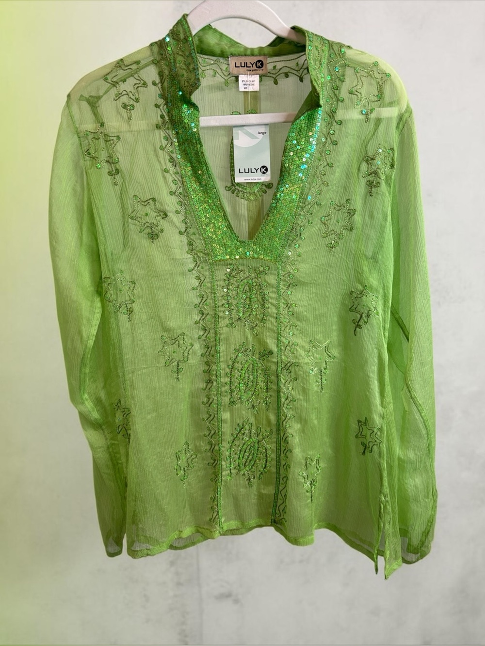 LULY K Lime Green Embroidered V-Neck Tunic